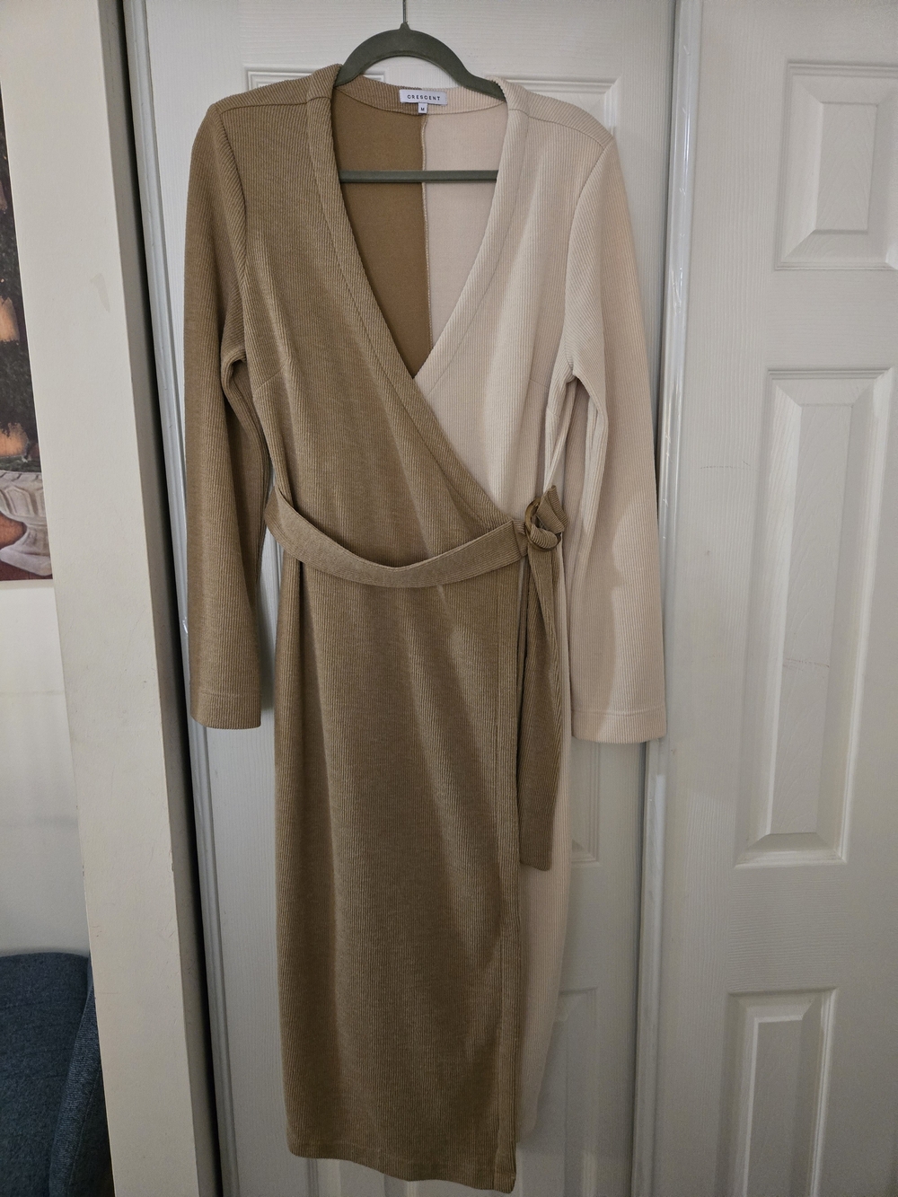 Crescent Two-Tone Wrap Midi Dress in Beige & Tan